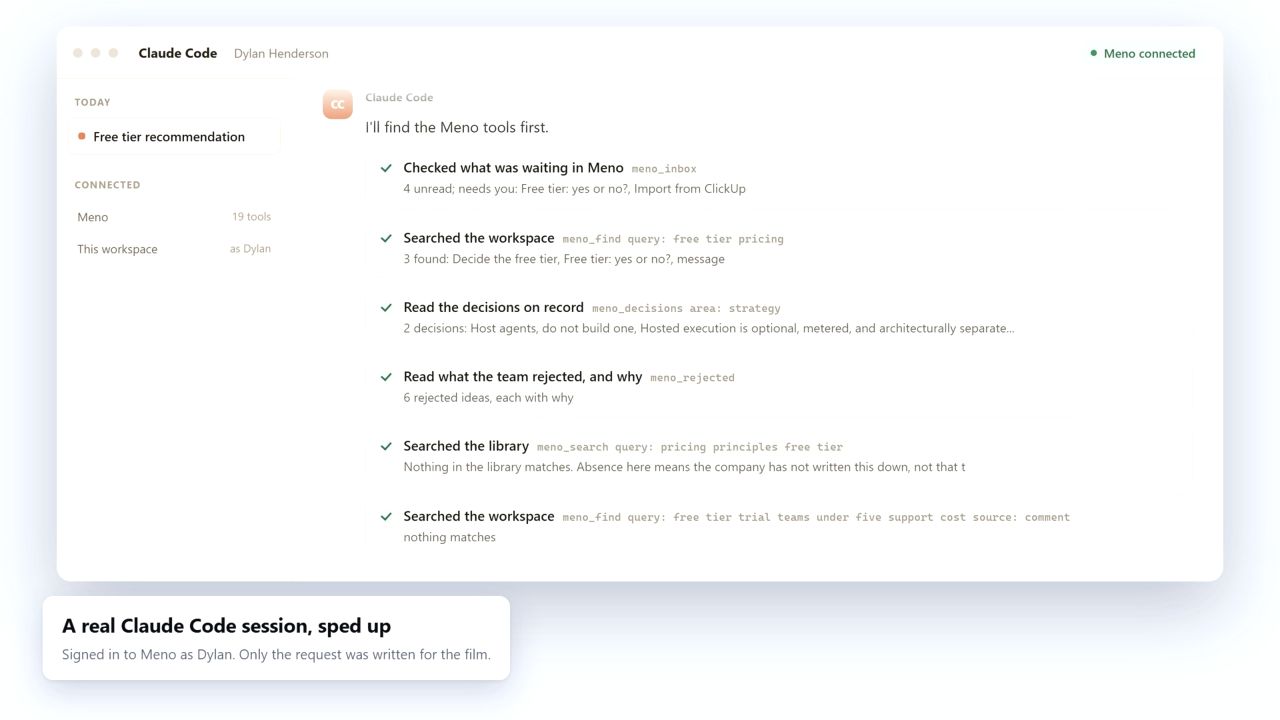 A Claude Code session connected to Meno and reading inbox, workspace, decision, and library context.