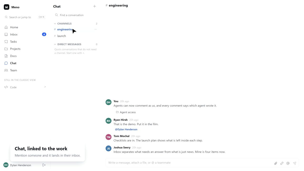 Meno engineering channel with a team conversation and an in-context message composer.