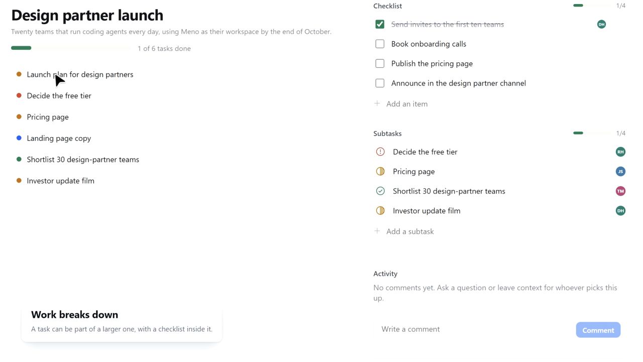 Meno project view for the Design partner launch, showing tasks, a checklist, subtasks, owners, and activity.